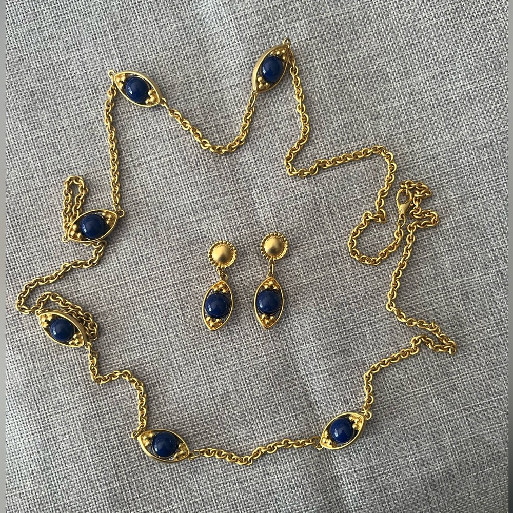 Matte Gold Tone Necklace & Earrings Set w/ Royal Blue Beads